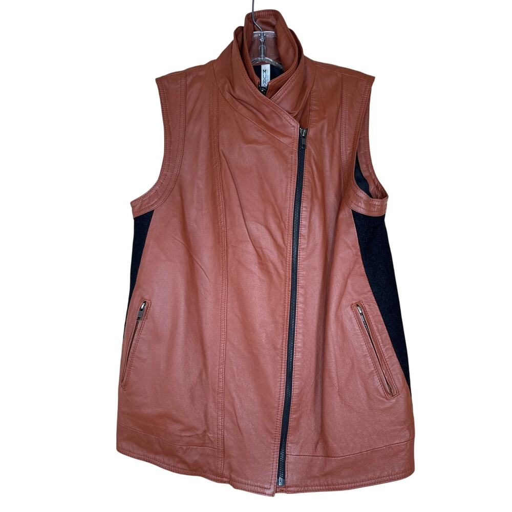 Mural Leather Moto Biker Vests Brown Black Zips Front Stretch Back Womens Medium